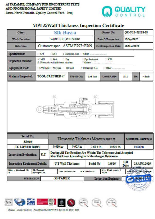 SLB BASRA WIRELINE (PCE) CERTIFICATE NO: QC-SLB-25238-28 DUE DATE: 16 ...